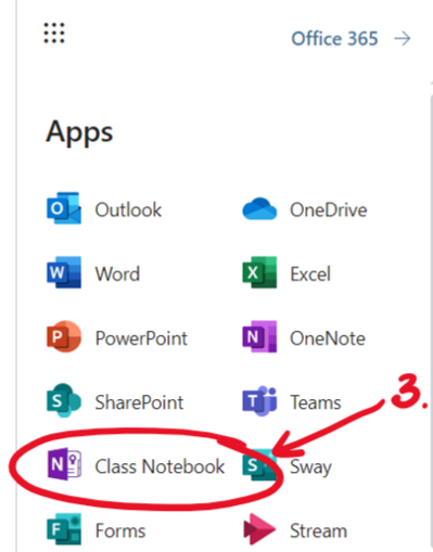 Apps outlook PowerPoint SharePoint Class Notebook Forms Office 365 + OneDrive One Note Teams Sway Stream